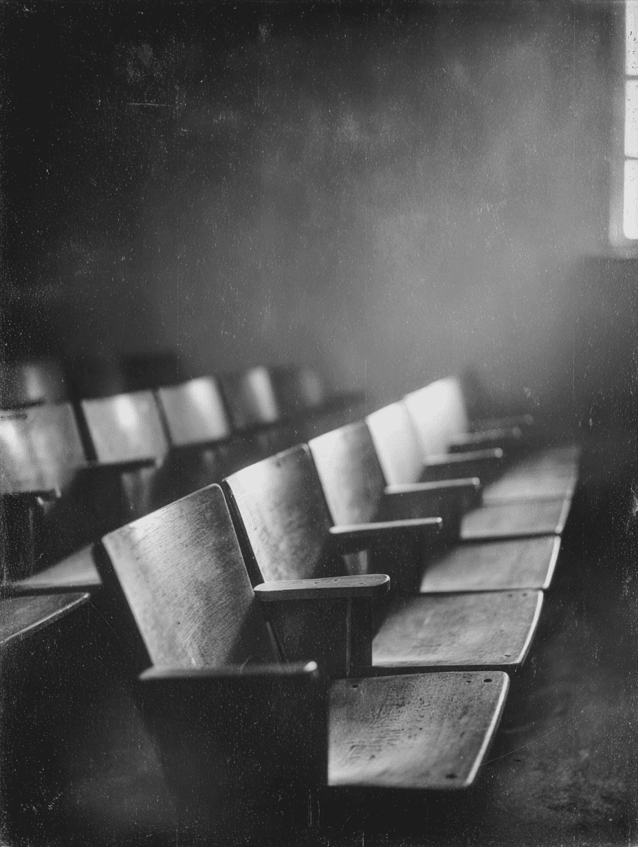 Auditorium seats illuminated by soft light through a window, capturing anticipation and reflection — The Cloud Grows Thin speaker page.