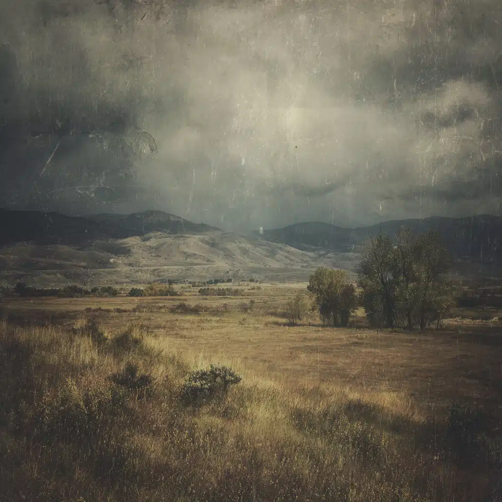 Moody Wyoming landscape with a single sunlit clearing beneath storm clouds, evoking hope amid isolation — The Cloud Grows Thin memoir.