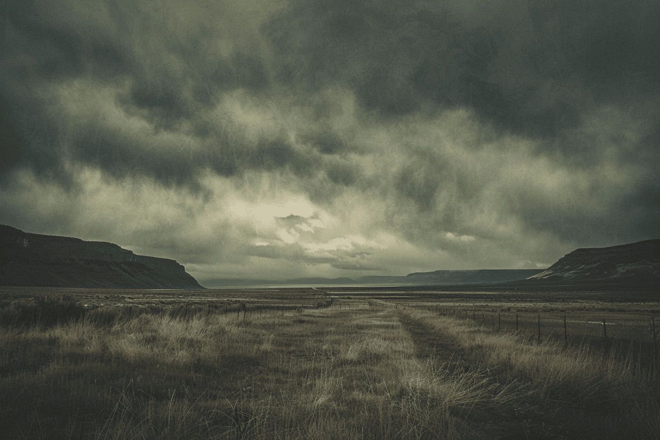 Storm-darkened Wyoming prairie stretching beneath ominous clouds, evoking isolation and endurance — The Cloud Grows Thin memoir.